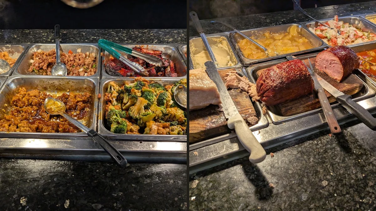 Seafood station beside lo mein and dumplings.