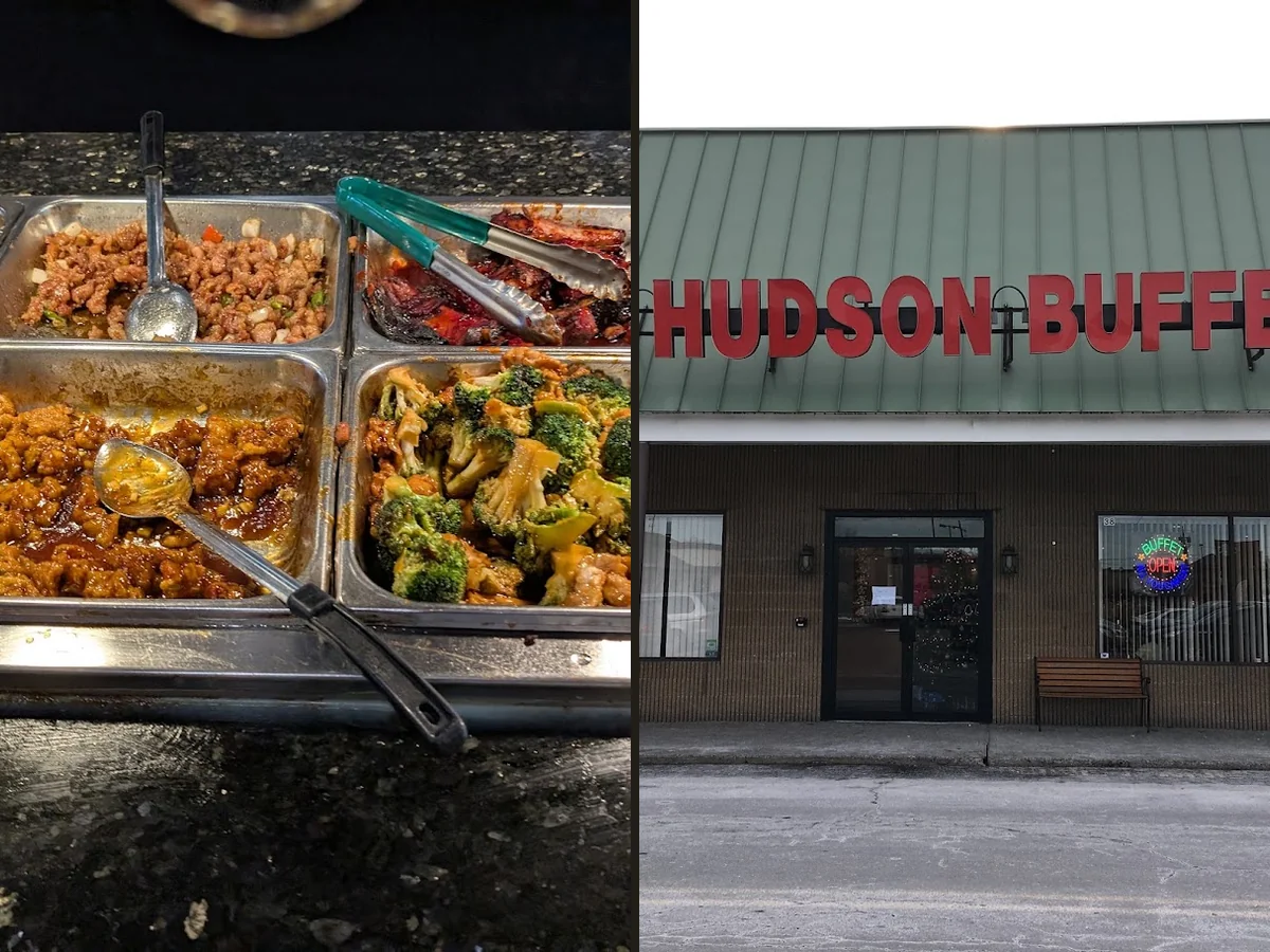 Buffet trays lined with Chinese dishes.